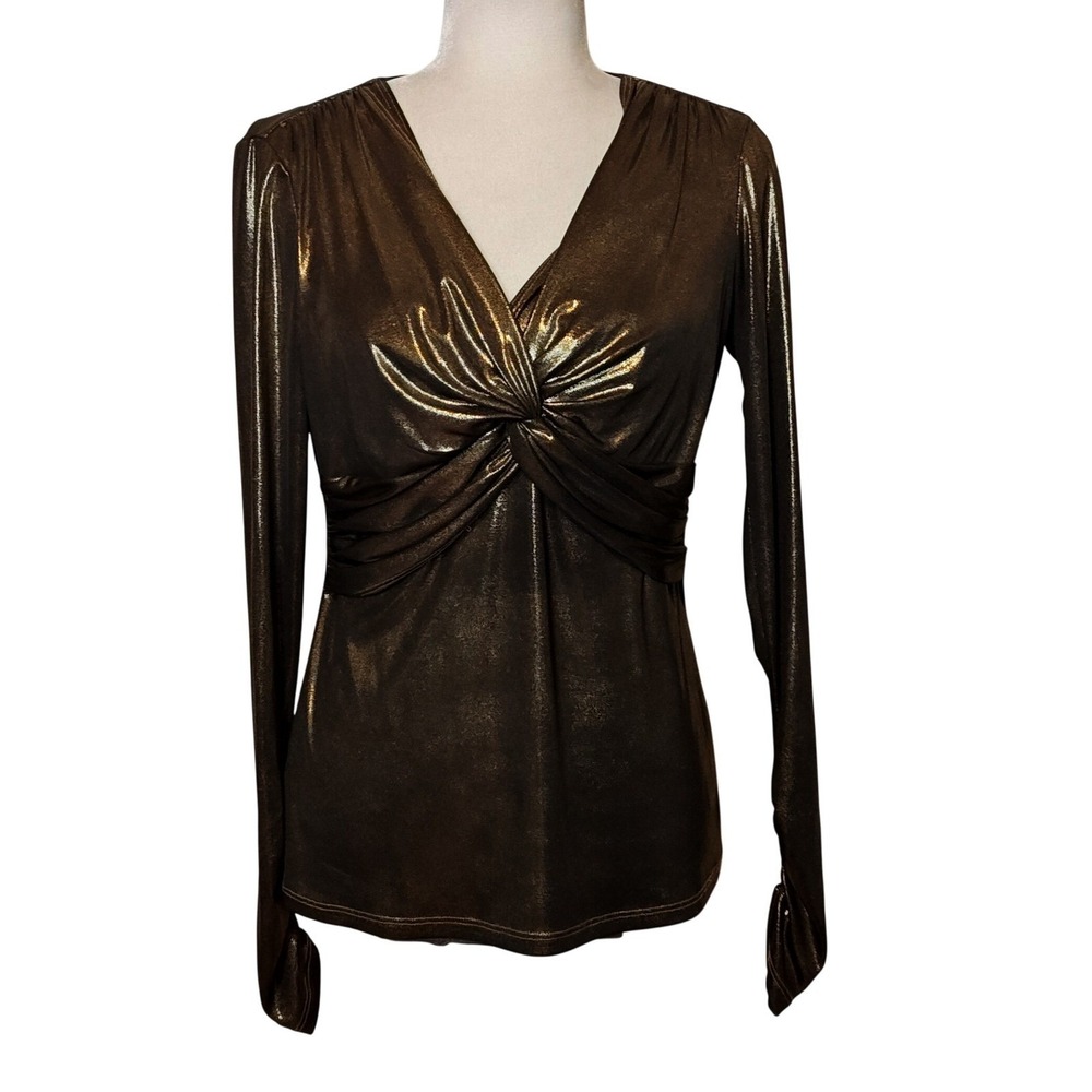 Cache Twist Front Top Womens Med Gold Metallic Long Sleeve V-Neck Shimmer Slinky